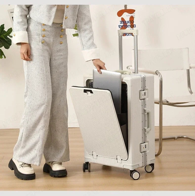 Front Opening Large Capacity Rolling Luggage Case Aluminum Frame ABS+PC Trolley Case Suitcase USB Charging Boarding Case
