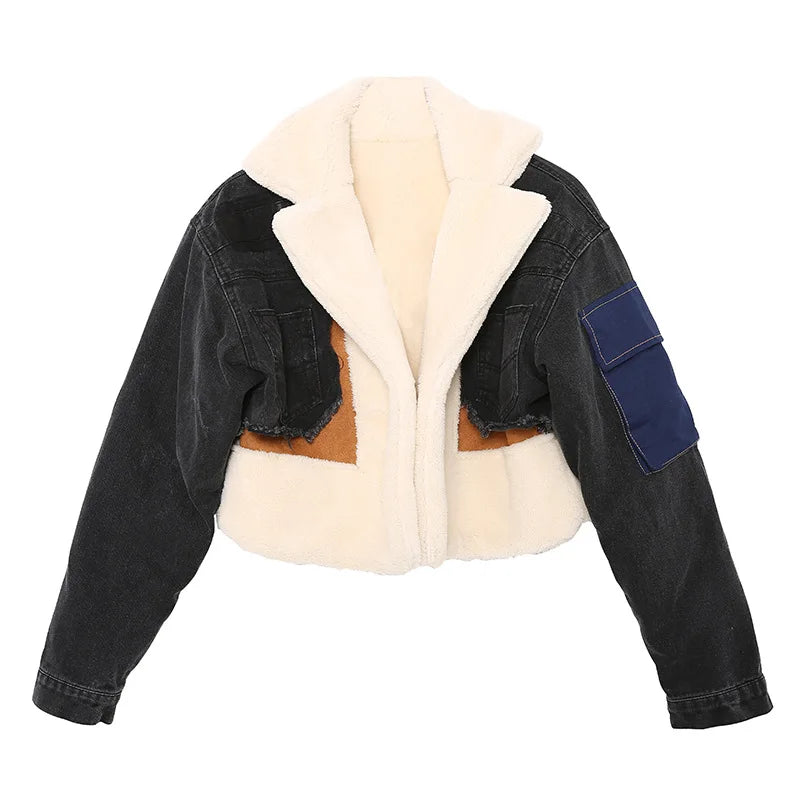 Women Padded Jacket Denim Splicing Jacket Winter New Lamb's Wool Liner Thickened Short Section Biker Jacket Cotton Jacket 2024