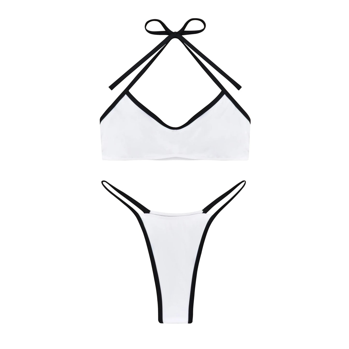 Cikini Solid Color Sexy Halter Tie-Up Split Micro Triangle Bikini, Women Summer Beachwear Swimwear