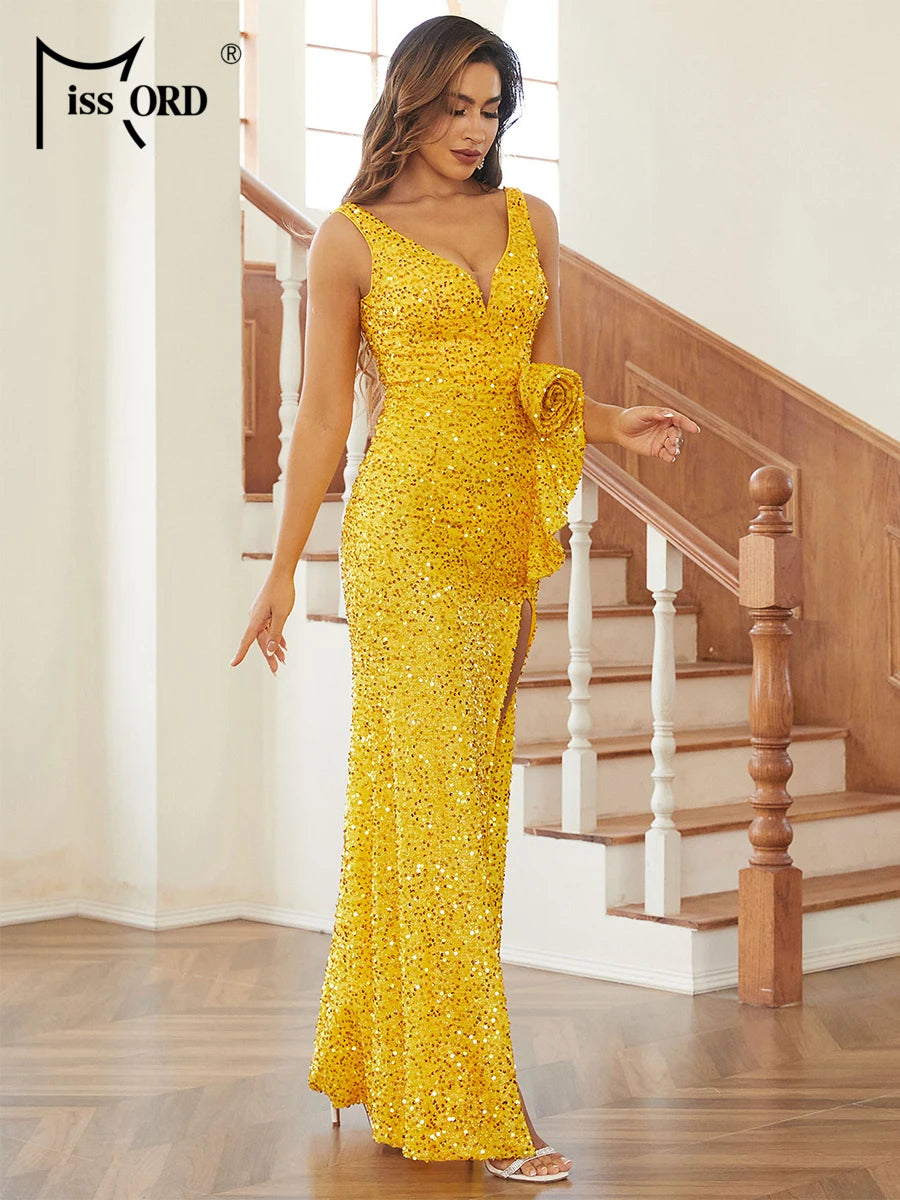 Missord Grey Sequin Prom Dresses Elegant Women V-neck Sleeveless Appliques Thigh Split Wedding Party Dress Long Evening Gown