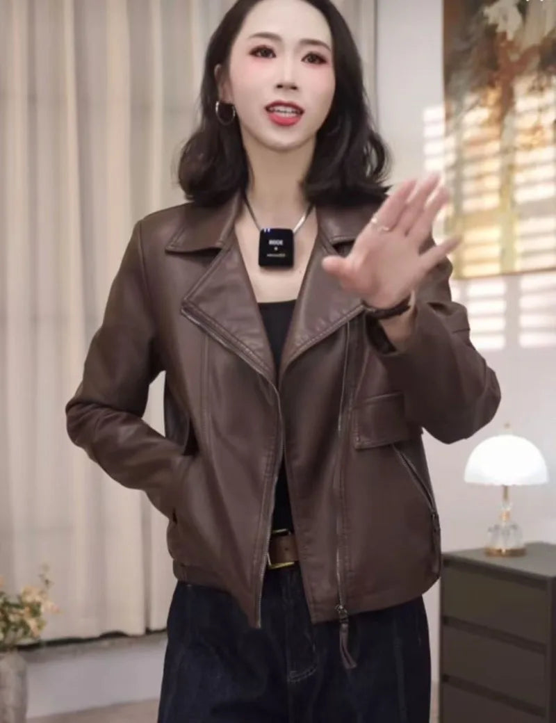 2026 Fashion Autumn PU Leather Jacket Women New Short Leather Coat Retro Lapel Sweet Motorcycle Outerwear Ladies Overcoat Top