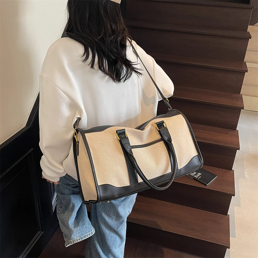 Oversized Travelling Handbags For Women Cotton Fabric Large Capacity Airplane Luggage Bag Simple Fashion Shoulder Crossbody Bags