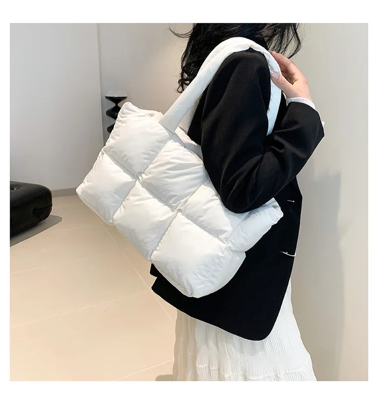 Women Tote Handbags Quilted Plaid Bag Retro Trendy Checkered Waterproof Shoulder Bag Solid Color Winter Soft Large Capacity Bags