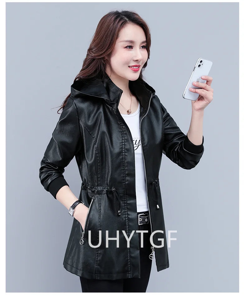UHYTGF Fleece Winter Leather Female Quality Pu Leather Windbreaker Women Temperament Slim Warm 3XL Big Size Coat Deri Ceket 425
