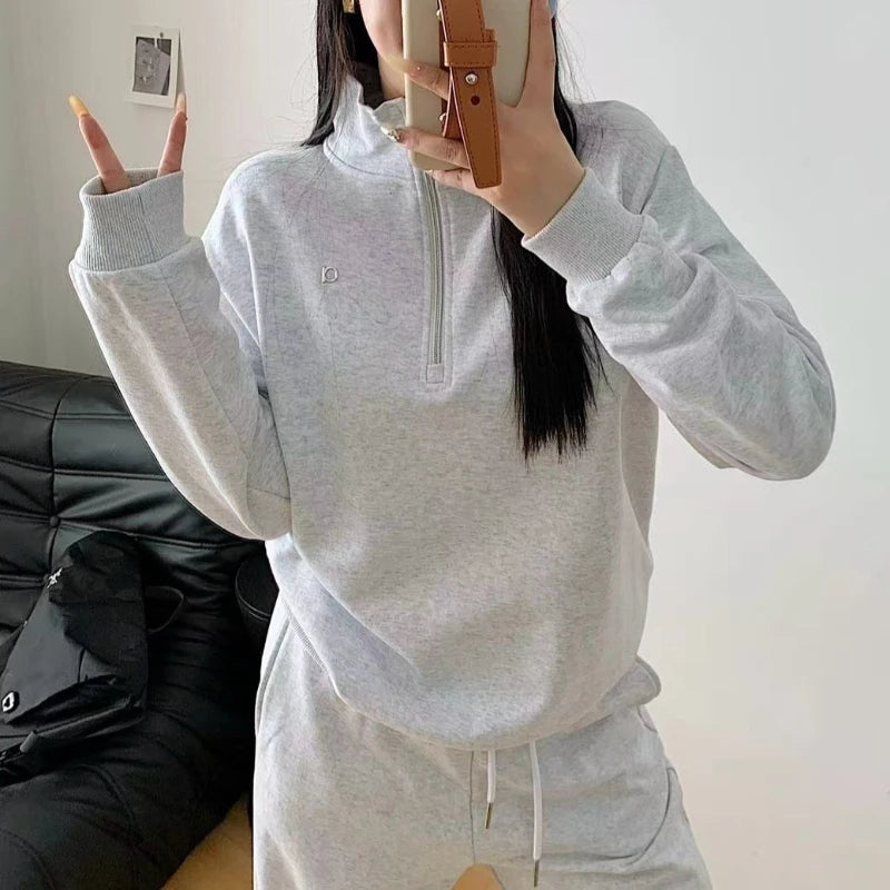 Korean Cotton Loose Fit Sports Pullover Fashion Stand Collar Half-zip Sweatshirt Classic Versatile Autumn Long Sleeves Hoodies