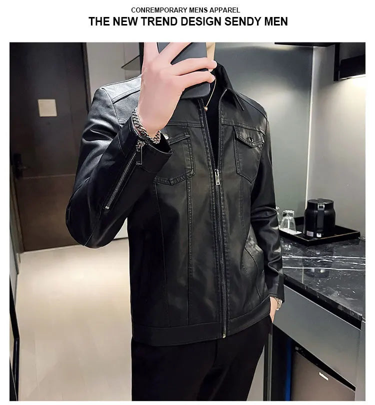 Autumn and Winter Classic Men's Leather Jacket Lapel Fashion Trend Locomotive Clothes Fleece Thermal Jacket Men