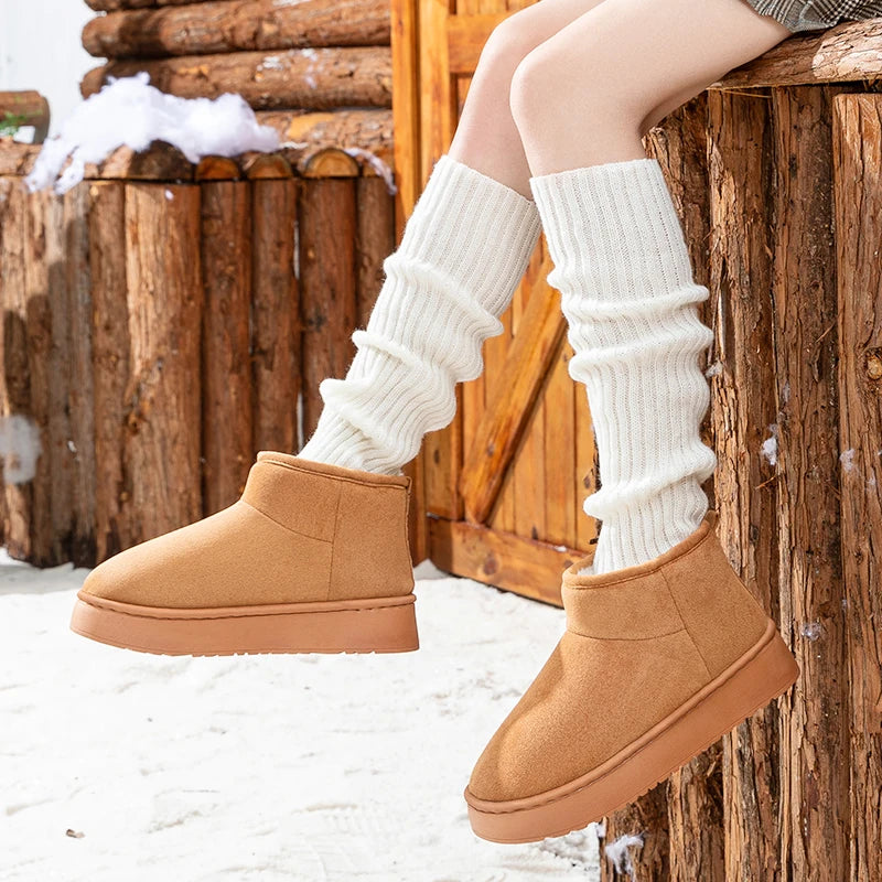 Faux Suede Thick Bottom Snow Boots Women 2025 Trend Warm Thicken Plush Cotton Shoes Woman Slip On Non Slip Winter Ankle Boots