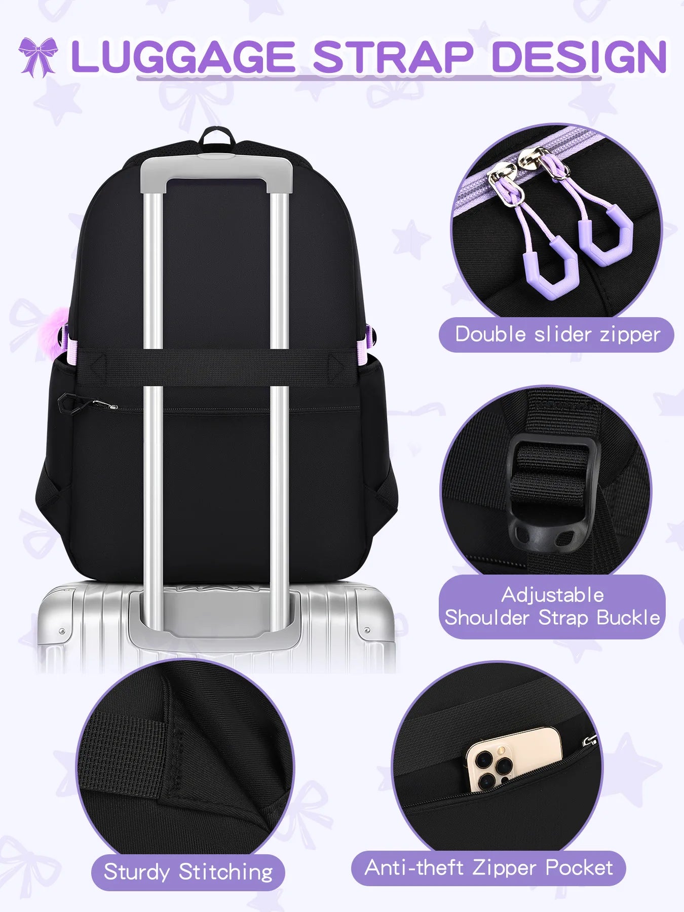 Three-piece Purple School Bag Set Casual with Pen Bag Students Schoolbag Durable with Lunch Bag Large Capacity bow Backpack book