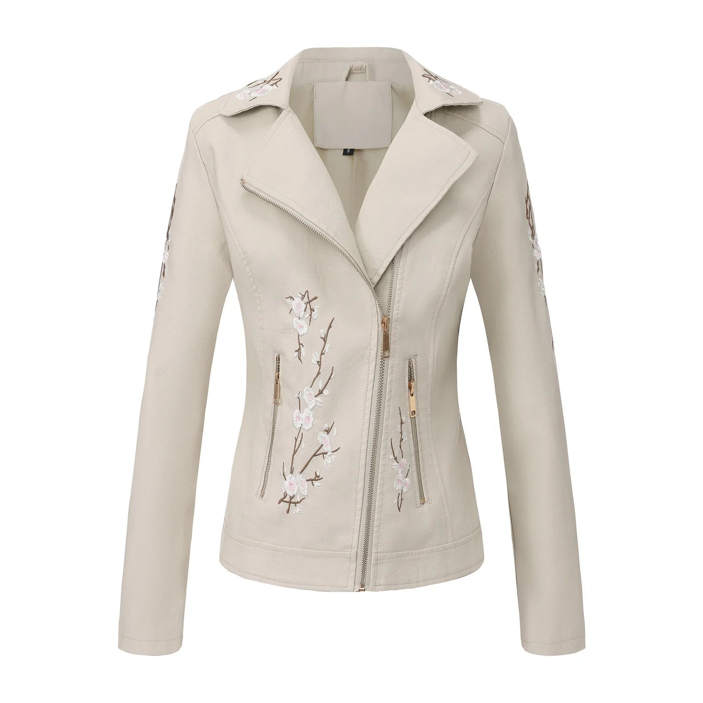 Women's Black Embroidered PU Jacket, Street-Style Brown Faux Leather Coat, Fashionable Beige Long Sleeves Top. 2026 New