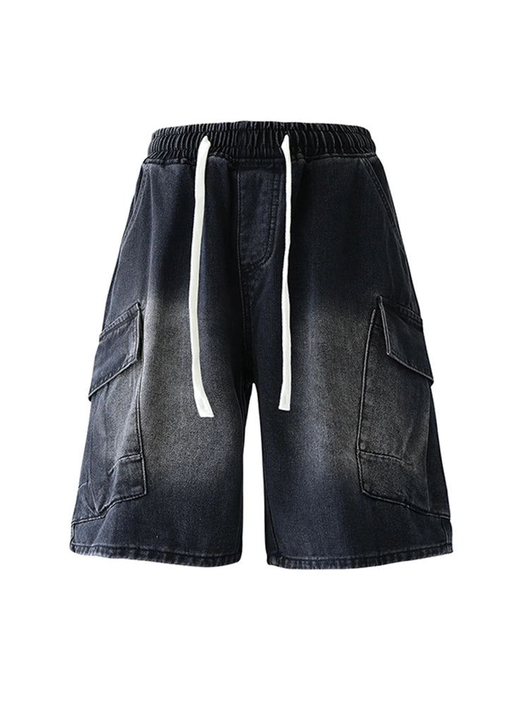 Cargo Shorts Men Summer Baggy Multi-pocket Jeans Straight Drawstring Moto Work Pants Fashion Cotton Black Blue Trousers New