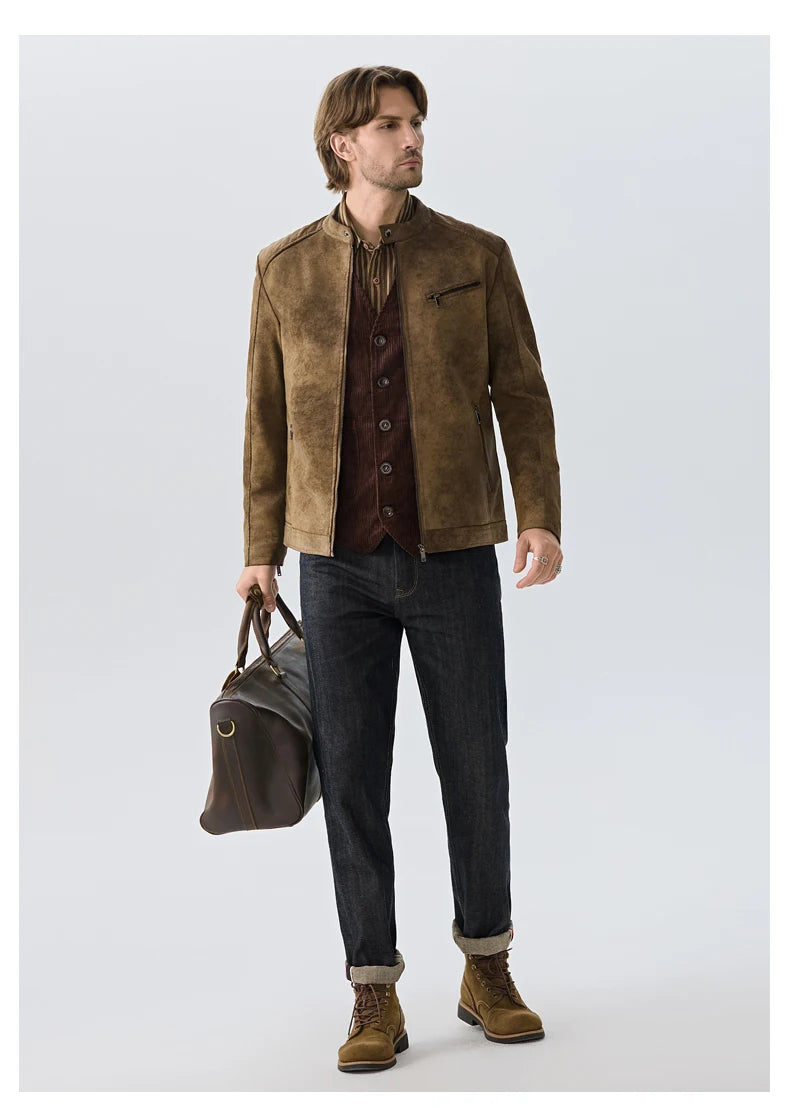 Men's PU Leather Jacket Faux Fur Leather Jacket Thickened Plush Autumn Winter Warm Leather Jacket High-End Business Leather Coat