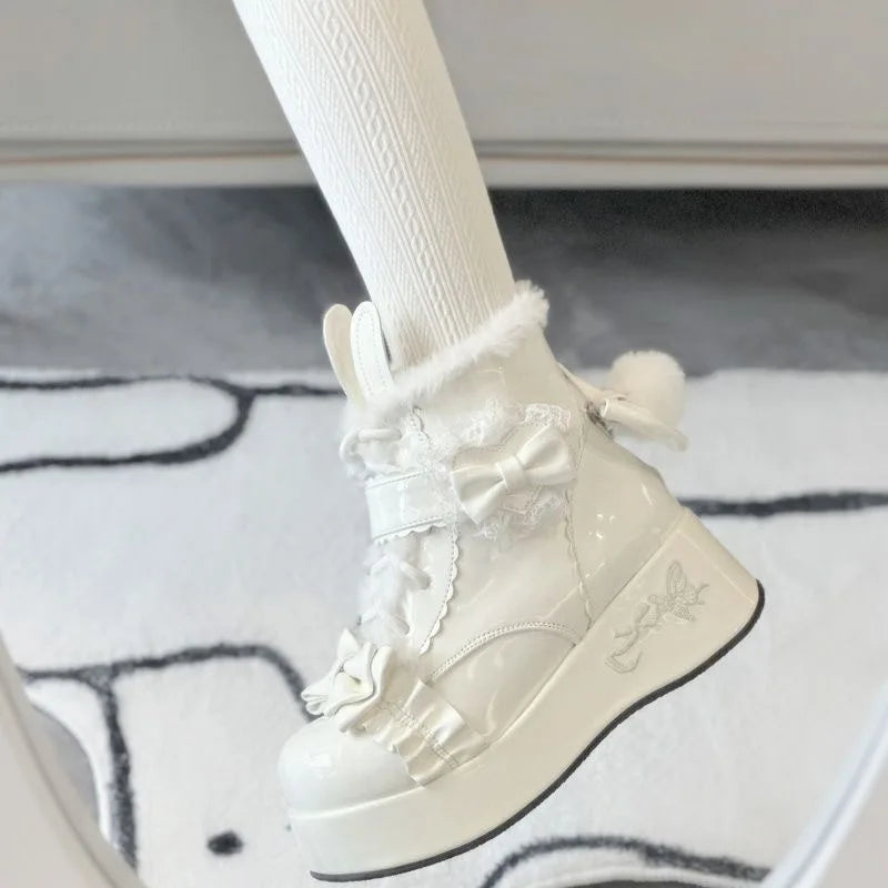 Kawaii Rabbit Tail Short Boots Women's Fleece Lined Thick Heel Lolita Snow Boots Winter Warm Cute Cotton Shoes for Women