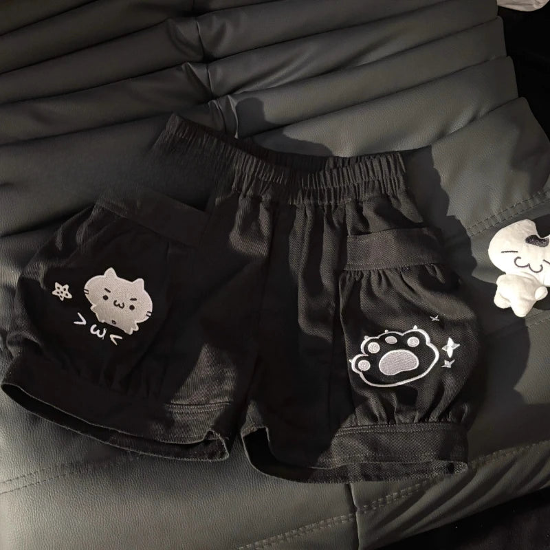 Cute Japanese Shorts for Women Cartoon Embroidery Pockets Black Shorts 2025 New Tottoms Casual Chic Pantalones Cortos De Mujer