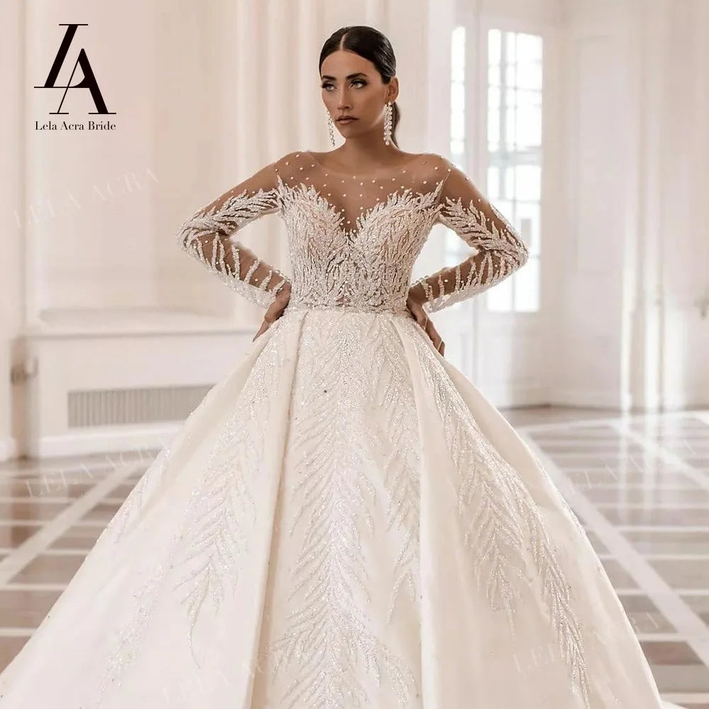 LelaAcra Long Sleeve Wedding Dress 2026 Sweetheart Beaded Backless A-Line Princess Bride Gown SM72 Plus Size Vestido De Noiva