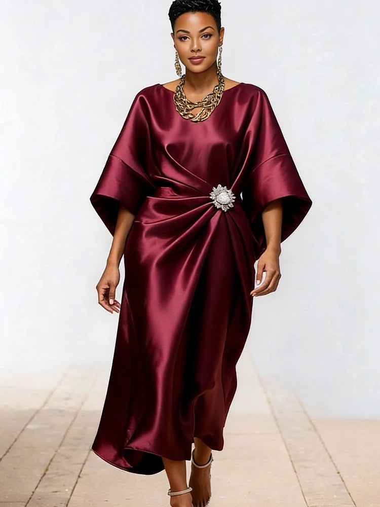 Navy Blue Satin Midi Dress Women Boat Neck Batwing Sleeve Rhinestone Waist Decor Ruched Elegant Evening Party Cocktail Dress