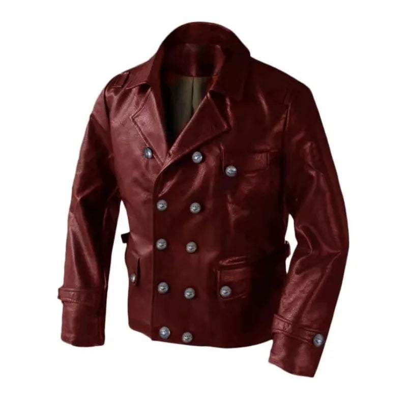 Mens English Gothic Black Leather Trench Coat Military Officer Classic
