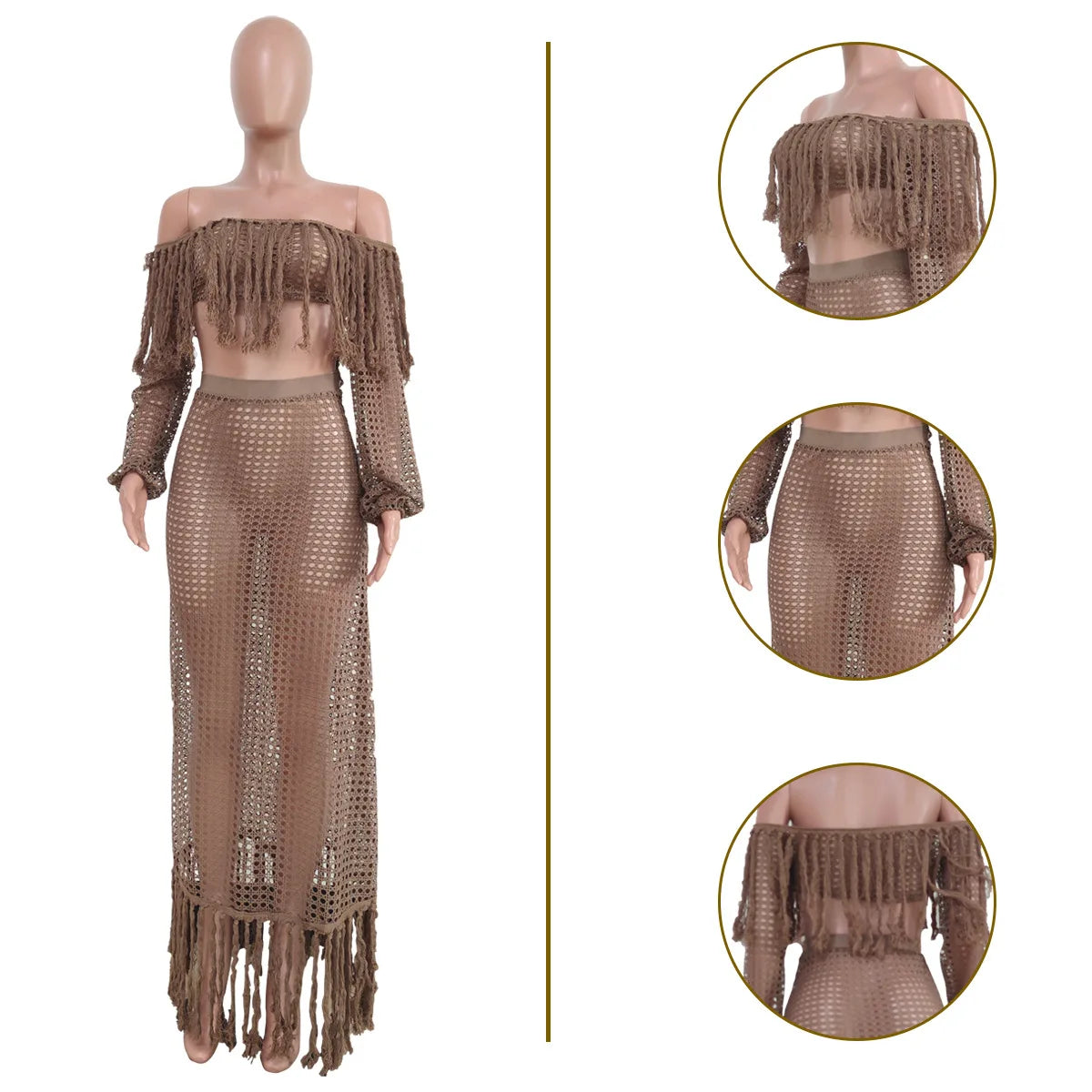 Skirt 2 Piece Set Women Beach Long Skirts Suit Top Off Shoulder Tassels Sexy Hollow Out Ensemble 2025 Summer Female Outfits