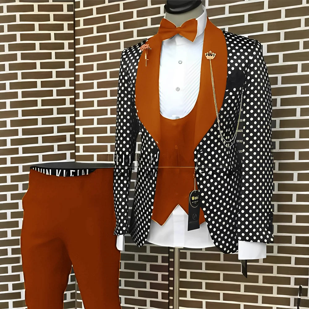 Spotted Men's Suit 3 Piece Set Wedding Groom Tuxedo Custom Slim Fit Blazer Pants Vest Men's Elegant Suit