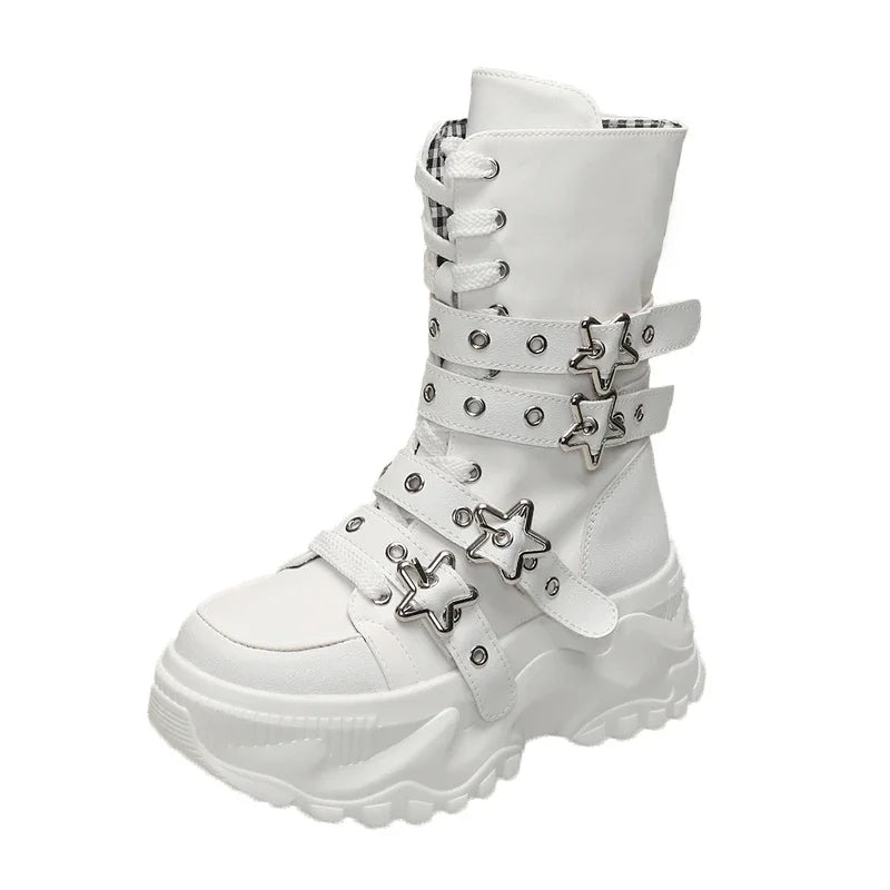 New Rock Platform Y2K Boots Women Summer 2026 Gothic Metal Star Belt Buckle Thick Sole Mid Calf Boots Woman Designer Punk Shoes