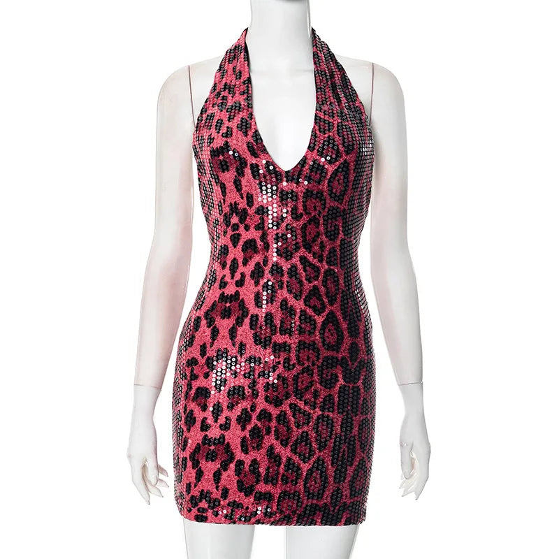 Sexy Dress Dresses 2025 Woman Vestidos Animal Print Backless Halter Neck Package Hip Sleeveless Wild Hot Girl Style Street Wind