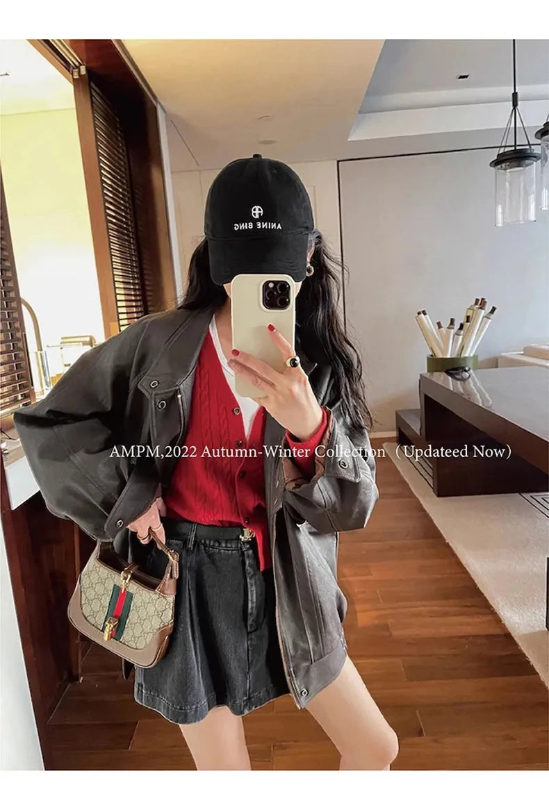 Lautaro Autumn Cool Brown Oversized Leather Jacket Women Drop Shoulder Long Sleeve Zippper High Quality American Retro Clothing