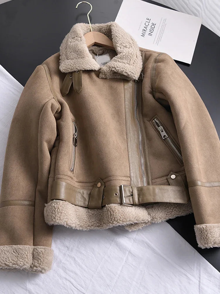 Winter Women Thick Warm Suede Lamb Jacket Short Motorcycle Brown Coats Faux Shearling Sheepskin Leather Jackets Outwear