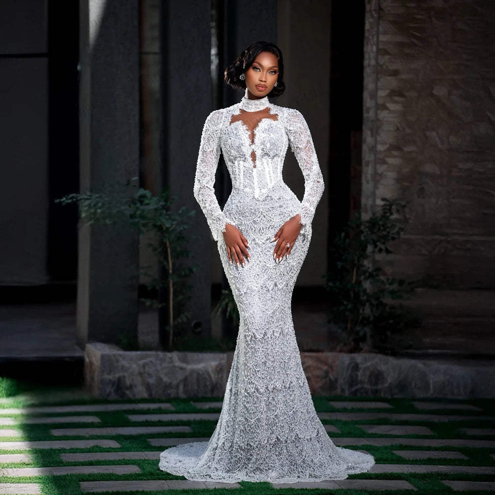 Luxury Mermaid Wedding Dresses for Africa Bride Long Sleeves Sweep Train Lace Pearls Sequined Bridal Reception Gowns Customized