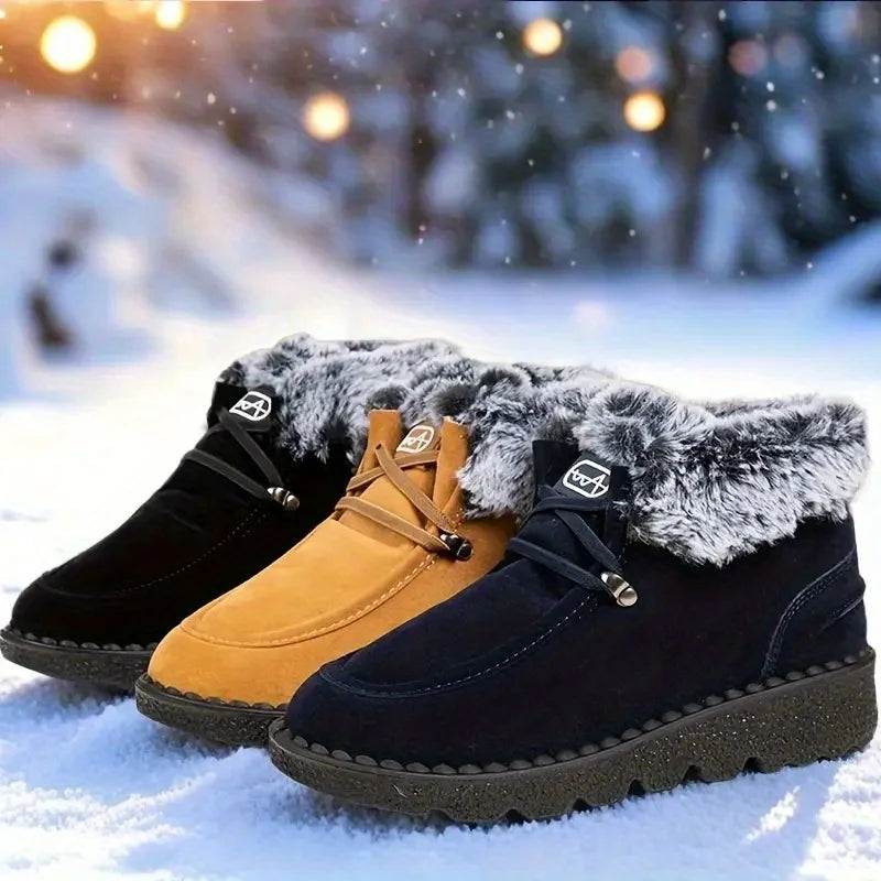 Women Winter Suede Snow Boots Warm Thick Furry Lined Ankle Booties Lace Up Non Slip Lug Sole Waterproof Thermal Shoes for Outdoor Snowfield Walking Cold Weather Daily Casual Wear Black Yellow Navy Three Classic Colors Ladies