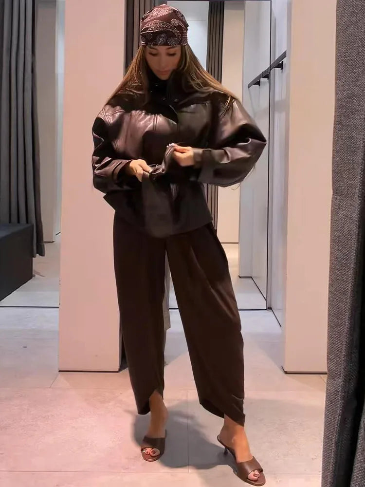 Belted Waist Stand Collar Women PU Jacket Drop Shoulder Long Sleeve Cuff Button Short Cropped Loose Faux Leather Jacket Commute