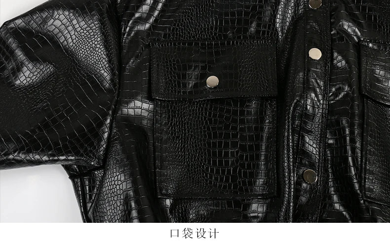 Mauroicardi Spring Autumn Short Black Brown Crocodile Print Faux Leather Jacket Women Stand Collar Button Up Luxury Clothes 2025