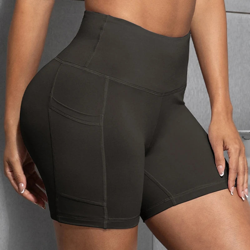 CHRLEISURE Yoga Shorts with Pockets High Waist Butt Lifting Cycling Tight Elastic Slim Running Fitness Women Shorts Sportswear