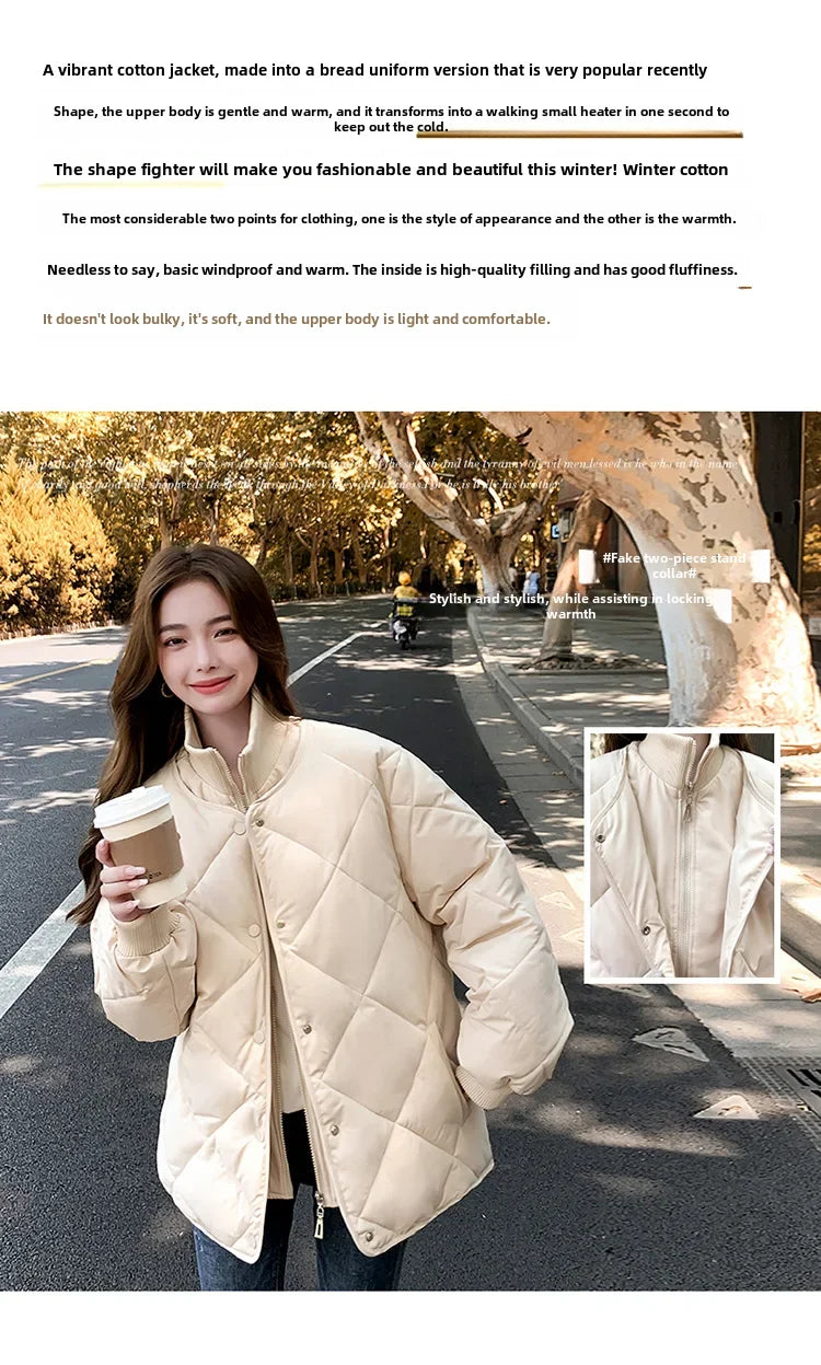 2024 Korean Style Argyle Spliced Down Coat Petite Cropped Warm Stand Collar Cotton Padded Jacket For Women Long Sleeves