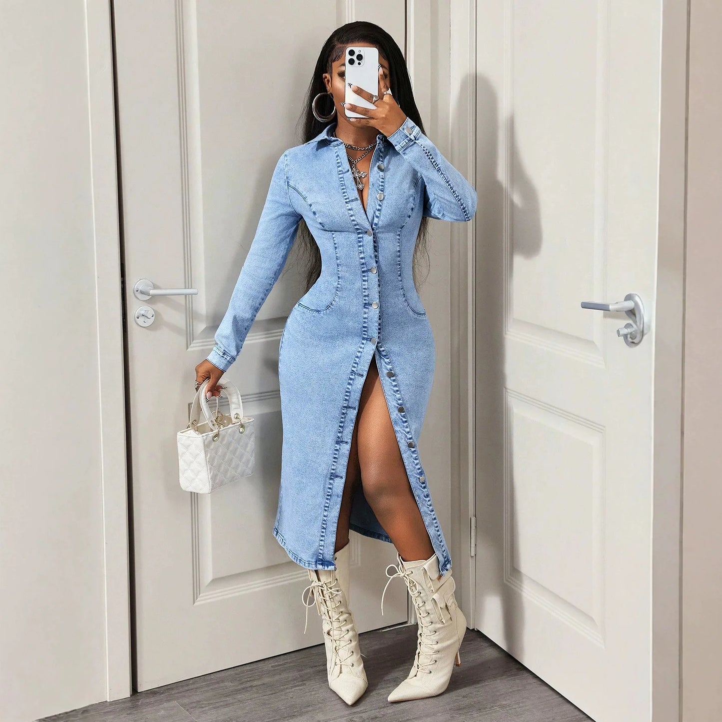 Long Dress Women Denim Dresses Sexy Vestidos Y2k Streetwear Turn Down Collar Full Sleeve Hip Wrap Elegant Party Night Work 2026
