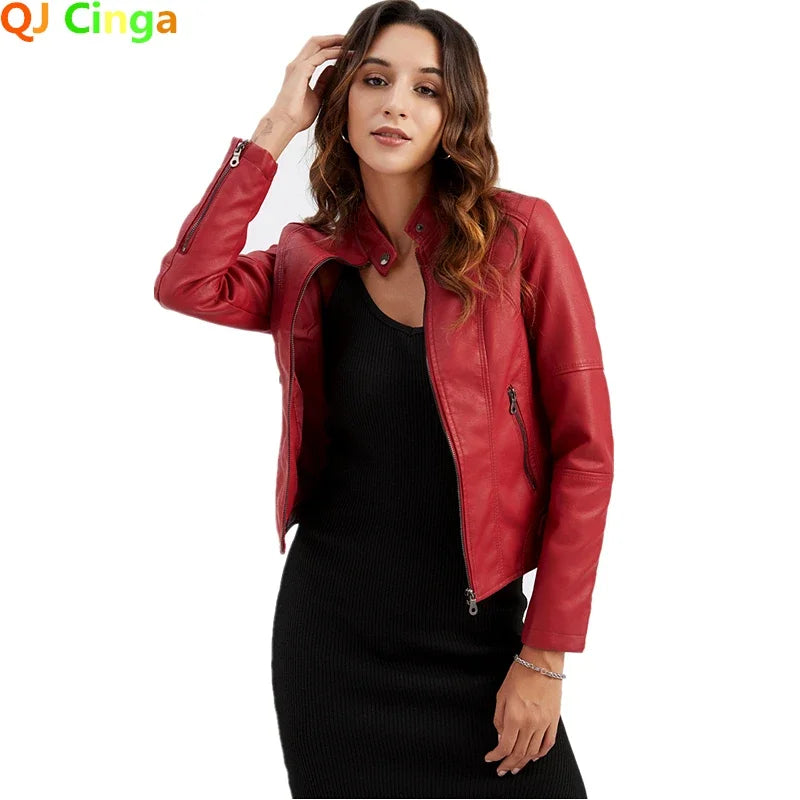 Autumn New Women's Leather Jacket, Fashionable Trim Motorcycle Women PU Coat Black Purple Brown Tops Female Menteau