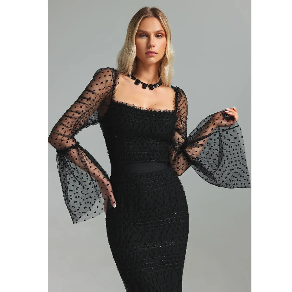 European and American New Women's Clothes Elegant Bell Sleeve Mesh See-through Dress High-End Pleated Bandage Hip Skirt
