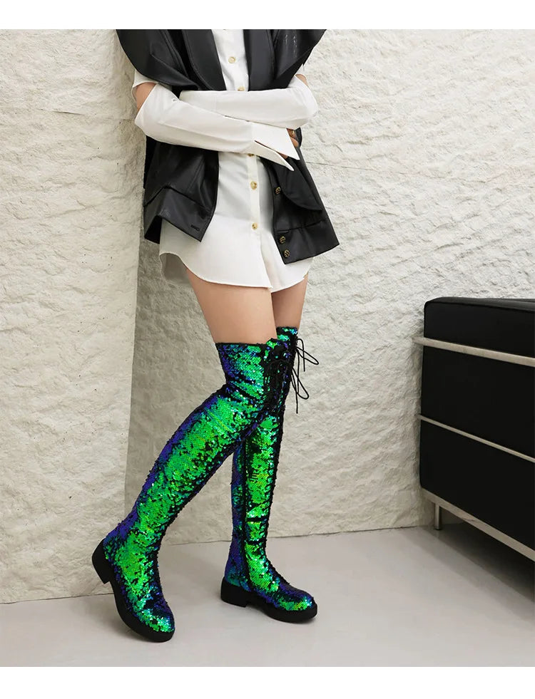 Lowheel Boots For Women Autumn Winter Thick Heels Over-knee-high Boots Shiny Sequined Club Dance Shoes Lace Up Thigh High Boots