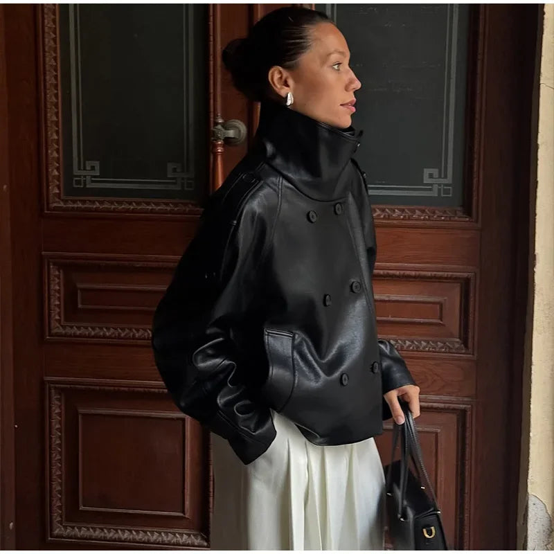 Street Black Women's Leather Jacket Autumn High Neck Double Breasted Full Sleeve Jackets 2026 Winter Lady Fashion Outwears