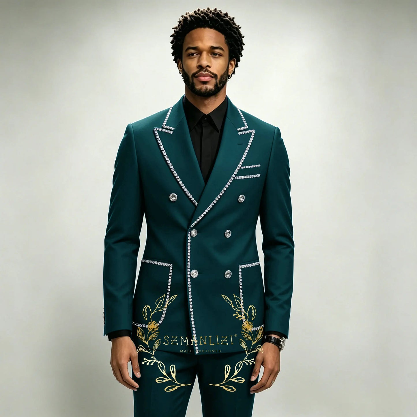 Luxury Men's Suits 2 Pieces Royal Blue Crystals Peaked Lapel Double Breasted Groom Wedding Tuxedo Wear Formal Party Prom Suits