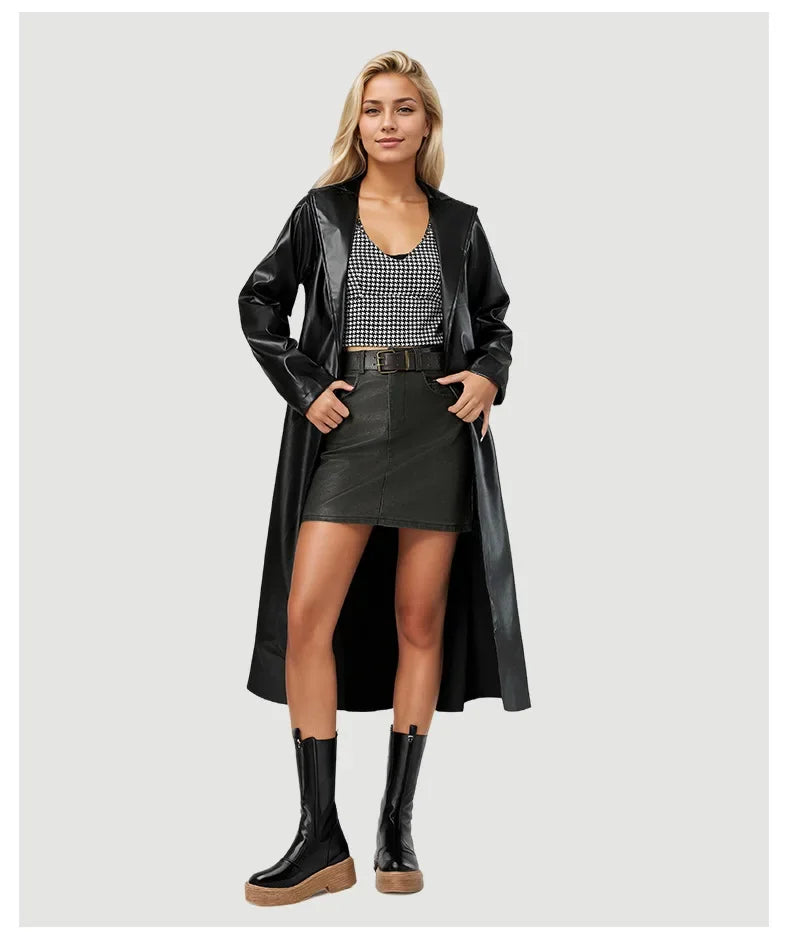 Women's Streetwear Windbreaker Black Tie Up Pu Leather Jackets For Women Fall Winter Windproof Anoraks Trench Coat For Women
