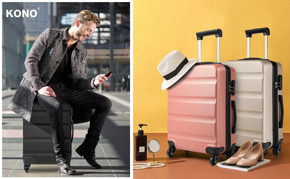 KONO Hardshell Case with 4 spinner wheels and number combination lock, light suitcase, hand luggage, 55/66/75 cm