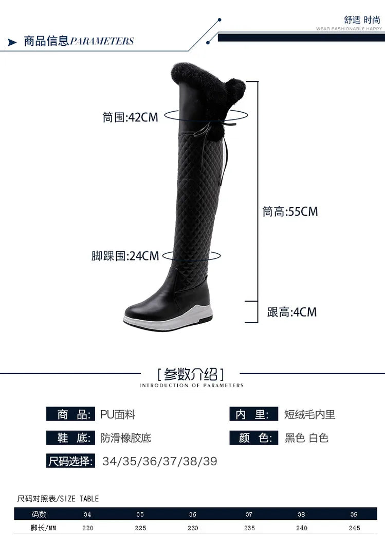 Women's Winter High Snow Boots Warm Fur Plush Black White Over the Knee High Boot Ladies Casual Wedge Heels Rain Shoe Waterproof