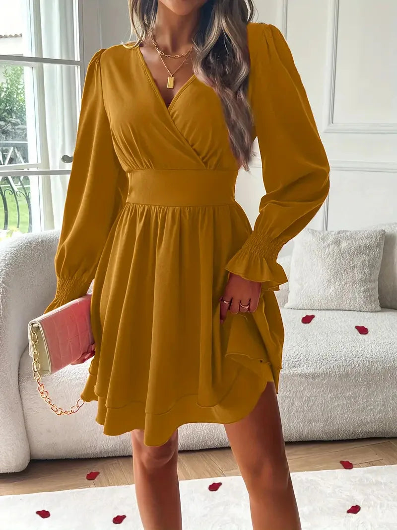 Dresses 2025 Woman Clothing V Neck Lantern Sleeve Wrap Mini Dress Ruched High Waist Elegant For Autumn Party Dress Vestidos