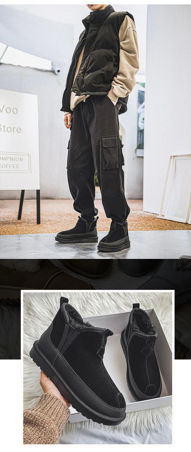 Women's Thick Bottom Mid-Calf Snow Boots Fur Lined Warm Synthetic Leather Rubber Sole Winter Shoes Two-Way Wear Korean Style