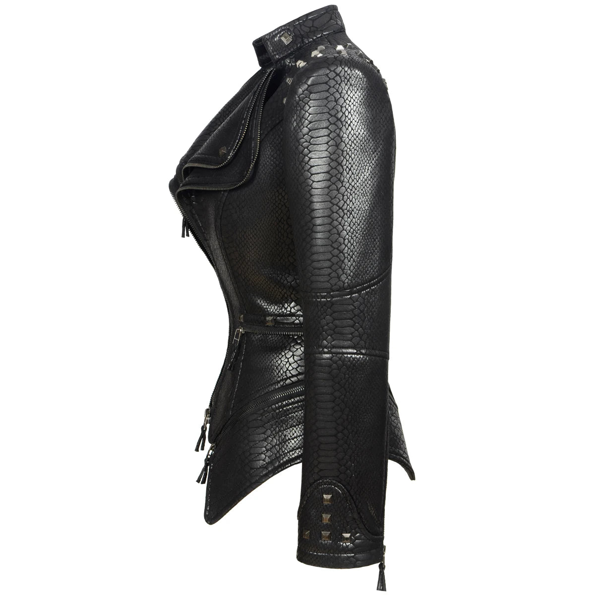 Snake Skin Print PU Women's Winter Jacket Stand Collar Zipper ClothesFashion Casual Pattern Coats Faux Leather Motocycle Top