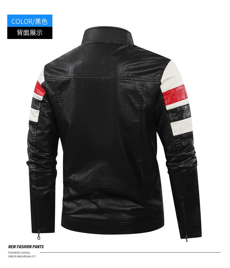 White and Red Patchwork Men's PU Jacket, Stylish Vintage Biker Faux Leather Coat, Available in Black or Brown.