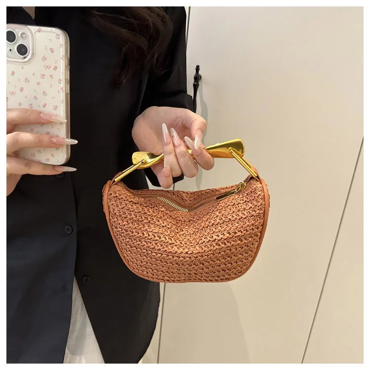 Luxury Metal Handle Clutch Bag Women Exquisite Handmade Rattan Woven crossbody Bag Half-moon Beach Bags Roomy Straw Tote Bag