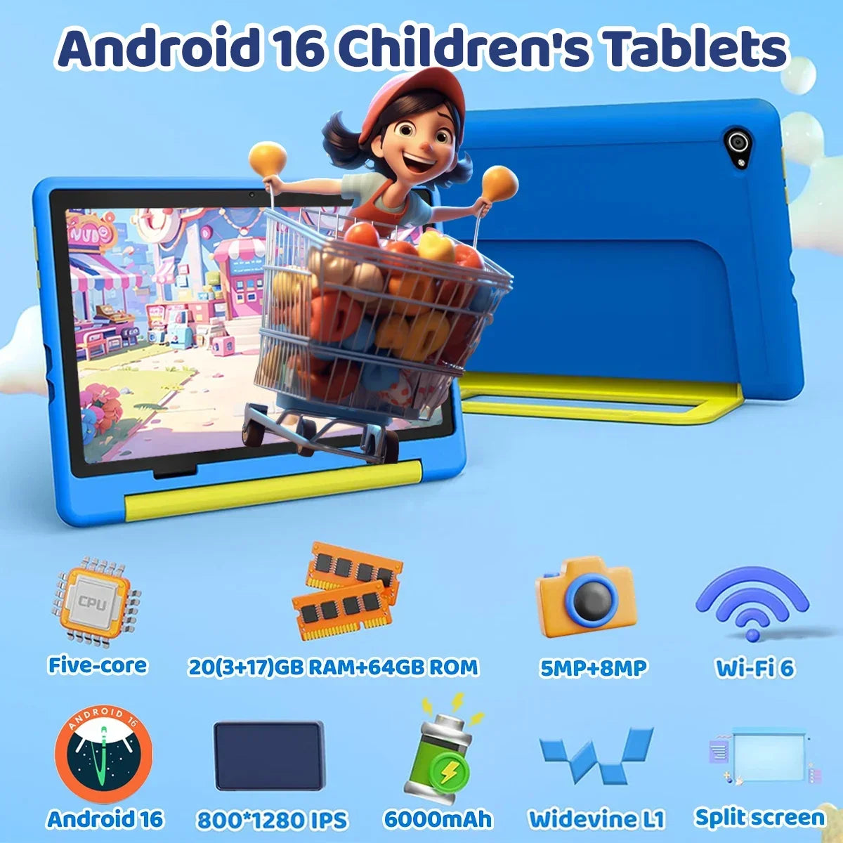 Newest Kid Tablet Android16 Tablet for Kids 10 inch 20GB+64GB 6000mAh with Case 1TB Expand for Toddler Children Parental Control
