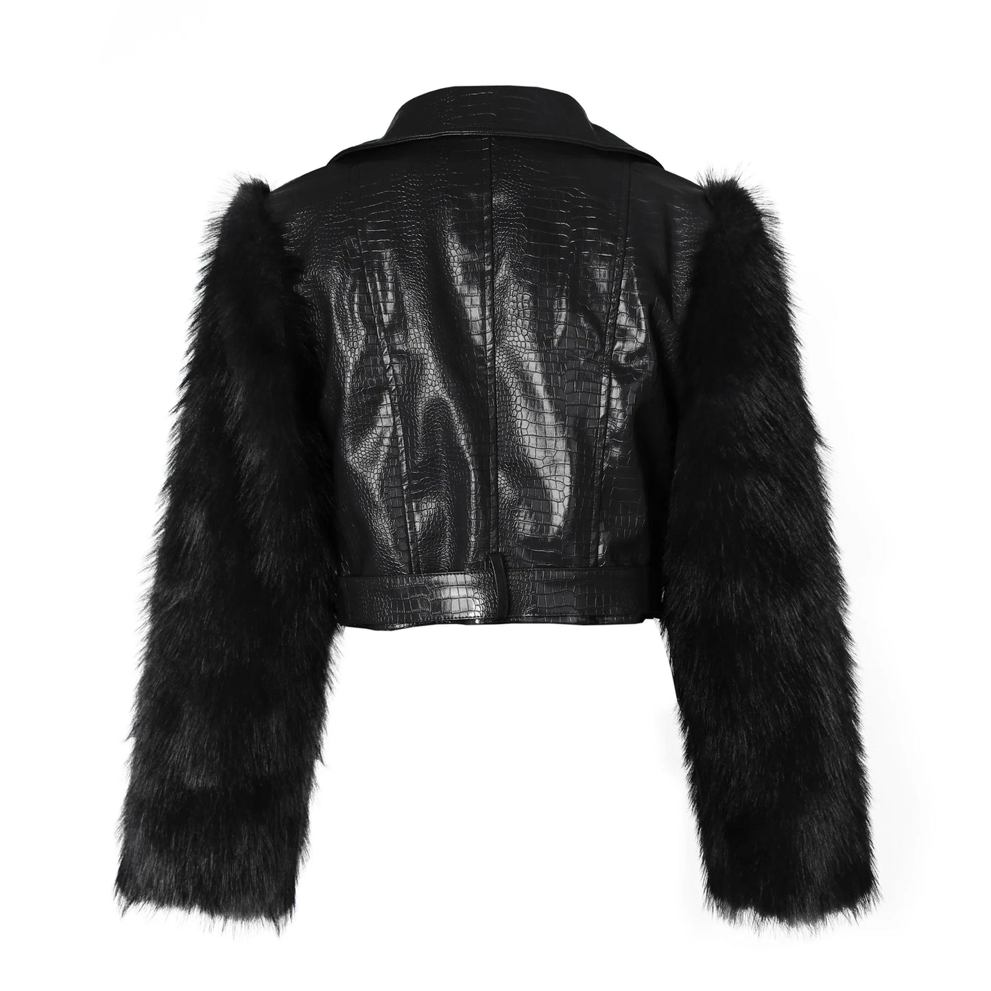 Leosoxs Winter New Sexy Fur Leather Patchwork Jacket for Woman Motorcycle Lapel Zipper Crop Coat  Female Streetwear Clothing