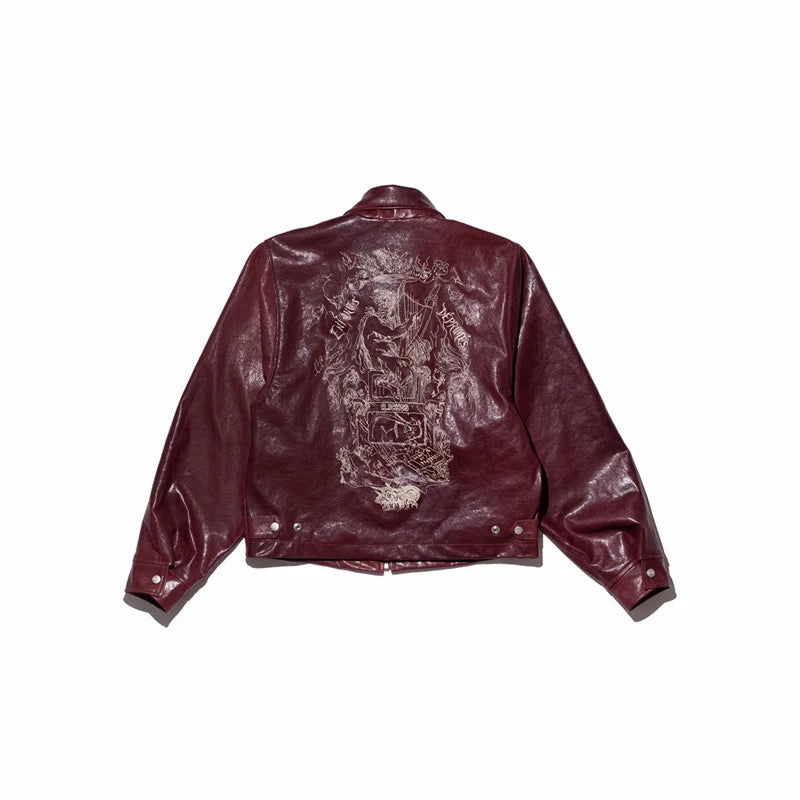 2026ss Embroidered Printed Leather Jacket High-quality Burgundy Loose Casual High Street Men's Women's Jackets