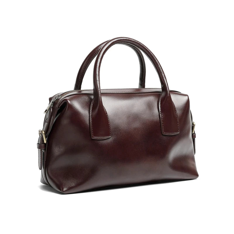 BURMINSA Genuine Cowhide Leather Handbags For Women Retro Pillow Top Handle Bags Bowling Daily Work Crossbody Shoulder Purses